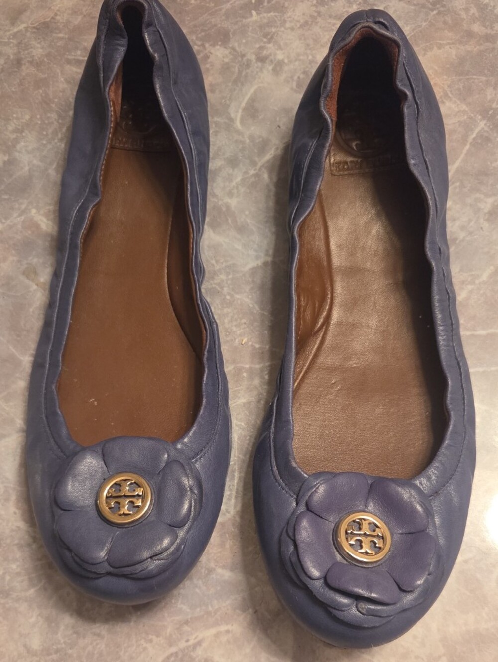 Tory Burch Blue Leather Flower Ballet Flats